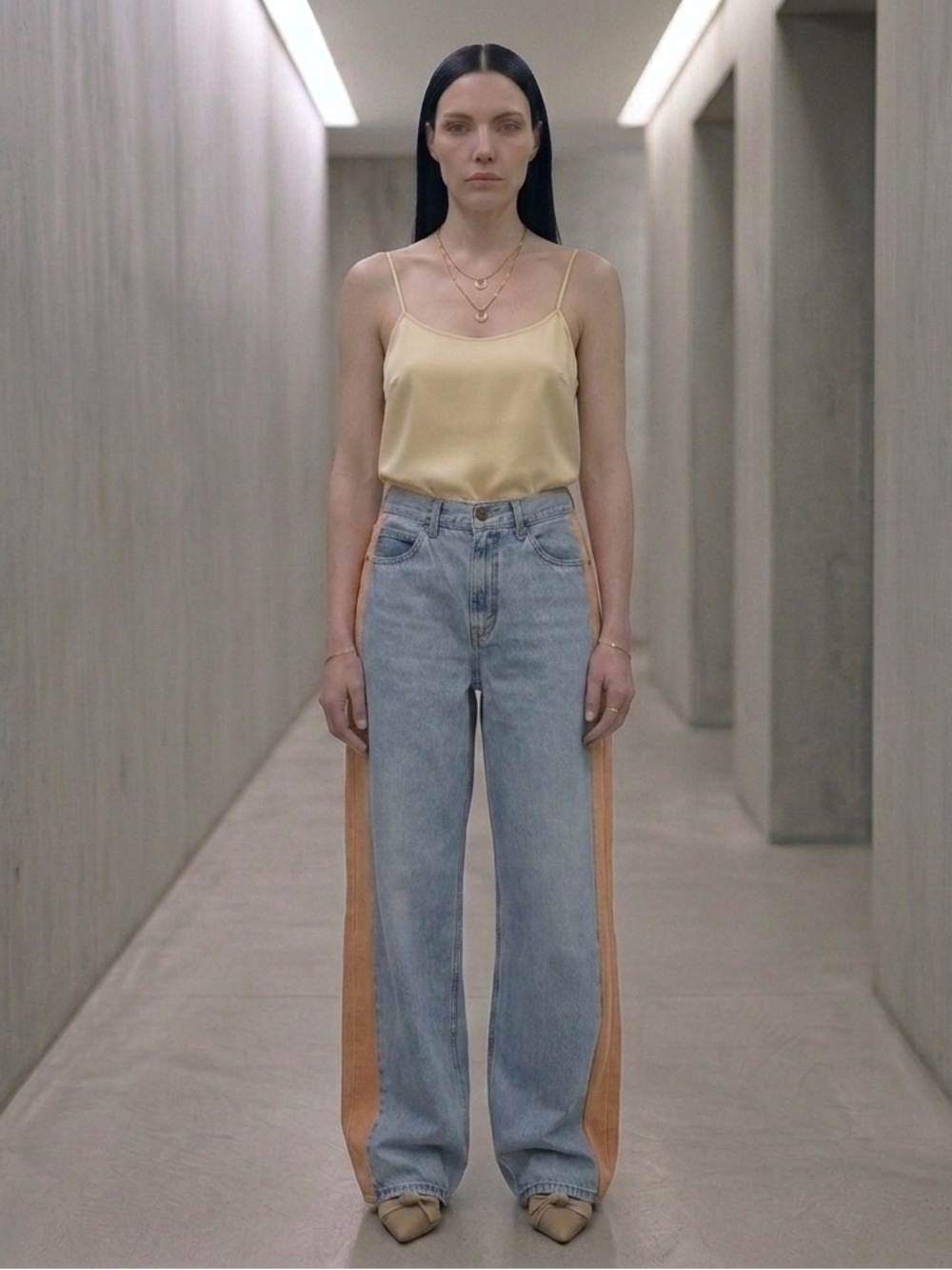 Reworked Levi's Light Blue Jeans with Tan Side Panels - Wide Leg